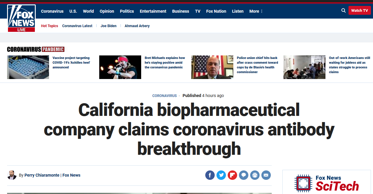 FOX News reports STI-1499 Antibody cures 100% of COVID-19 patients in 4 days