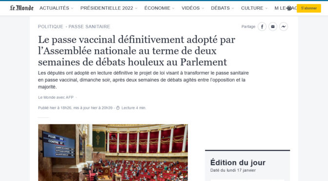 FRANCE: National Assembly approves conversion of Sanitary Passports into DeathVaxx Passports