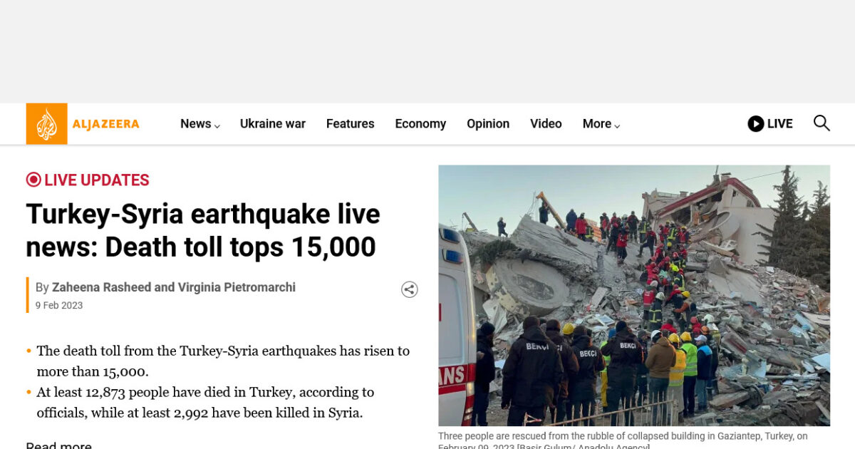 TURKEY / SYRIA Death toll surpasses 15,000 from historic earthquake